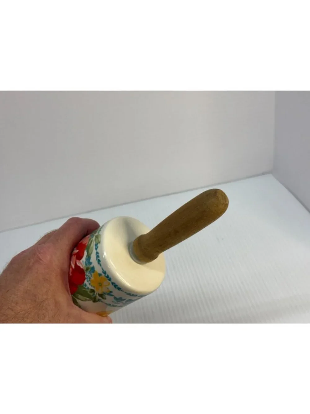Pioneer Woman Rolling Pin Retired Vintage Flower Pattern Ceramic Wooden Handles